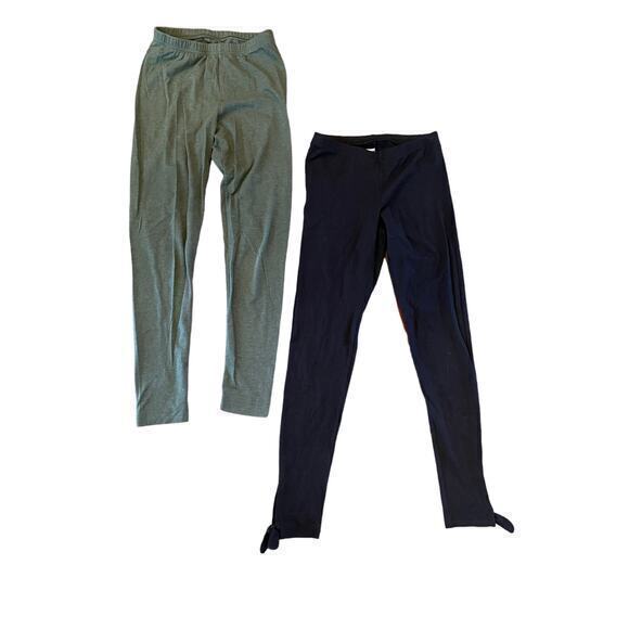 Old Navy Set of 2 Cotton Leggings, Army Green & Solid Black w/ Ankle Bow Detail - Picture 2 of 11